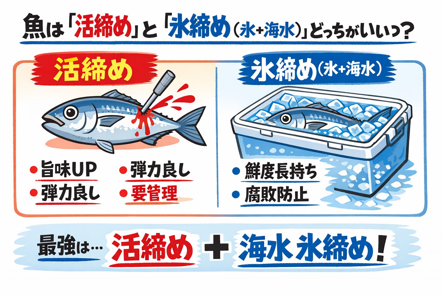 魚の締め方。味だけなら → 活締めが上。保存性だけなら→ 氷締めが上。総合最強→ 活締め＋海水氷。これが科学的最適解です。釣太郎
