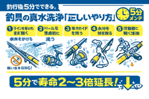 釣行後の真水洗浄は最強のメンテナンスです。5分で完了。費用ゼロ。寿命2〜3倍。釣太郎