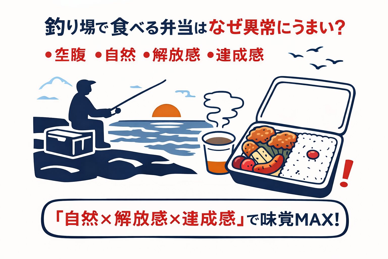 釣り弁当、・海を見ながら・黙って・弁当食う。これです。これ、 釣り人最高の贅沢。釣太郎