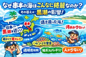 和歌山県串本の海が綺麗すぎる理由は、① 黒潮が直撃② 水そのものが綺麗③ 濁りにくい地形 ④ サンゴが育つ環境⑤ 人工汚染が少ない。釣太郎