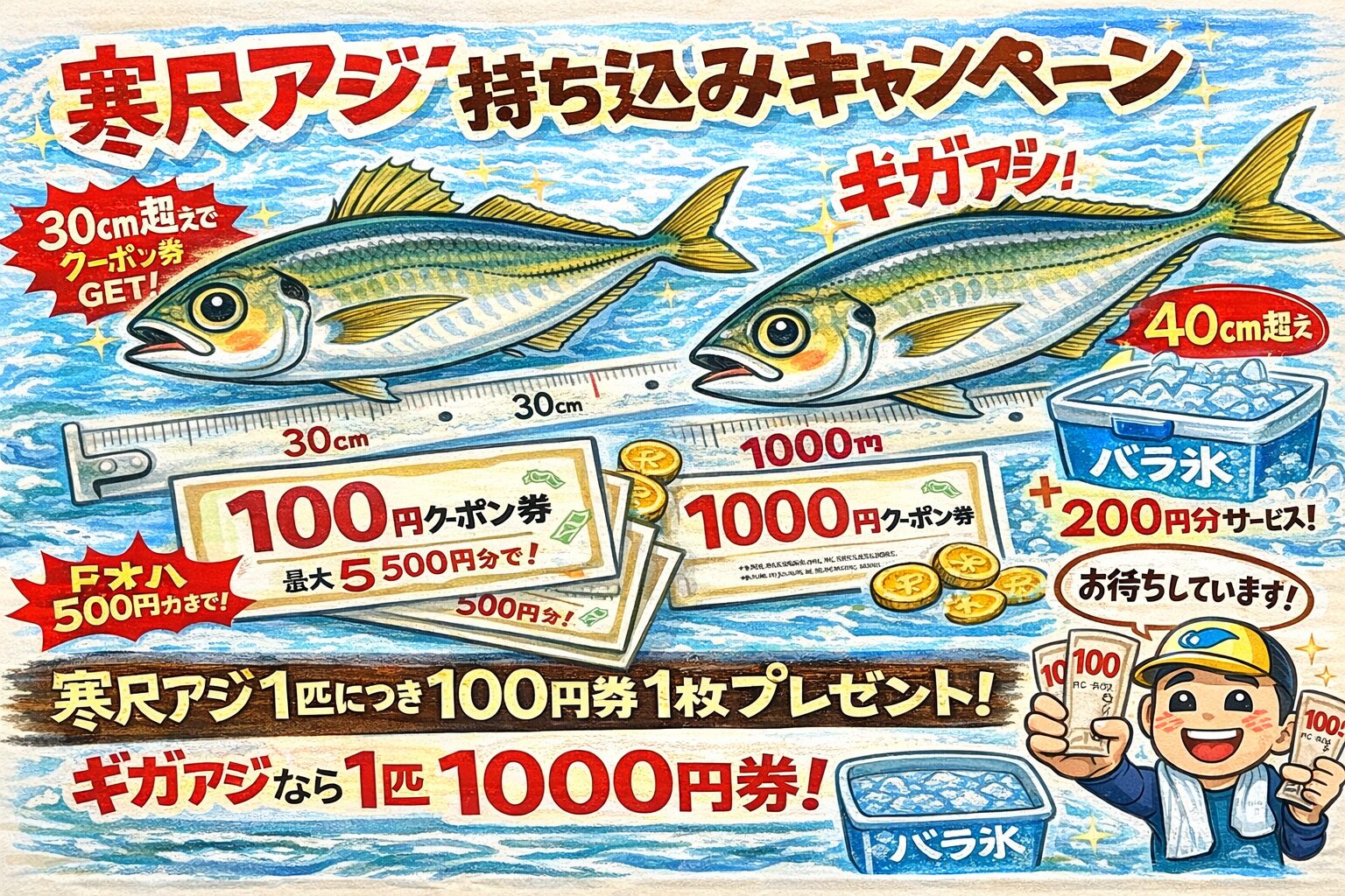 今が一番お得なタイミング✔ 尺アジ＝100円券 ✔ ギガアジ＝1000円券 ✔ 氷200円分サービス ✔ 品質サポート付き. 寒尺アジを釣ったら―― 迷わず、釣太郎へ。