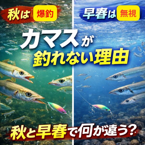 秋のカマスは「腹が減っている」。早春のカマスは「省エネモード」。同じ魚。でも別物。群れが見えても焦らない。動く瞬間を待つ。それが早春カマス攻略の鍵.釣太郎
