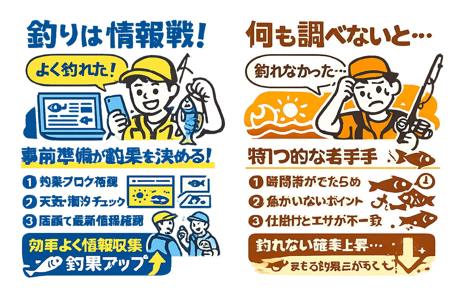 釣りは情報戦。準備した人だけが釣れます。事前情報収集 → 成功率大幅アップ。何も調べない → 釣れない確率上昇。釣太郎