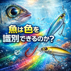 魚の視覚のポイント。多くの魚は色を識別できる 紫外線が見える種類もいる。水深や濁りで見え方が変わる。色より違和感の少なさが重要。ライン・針・ルアーの色は釣果に影響する。釣太郎