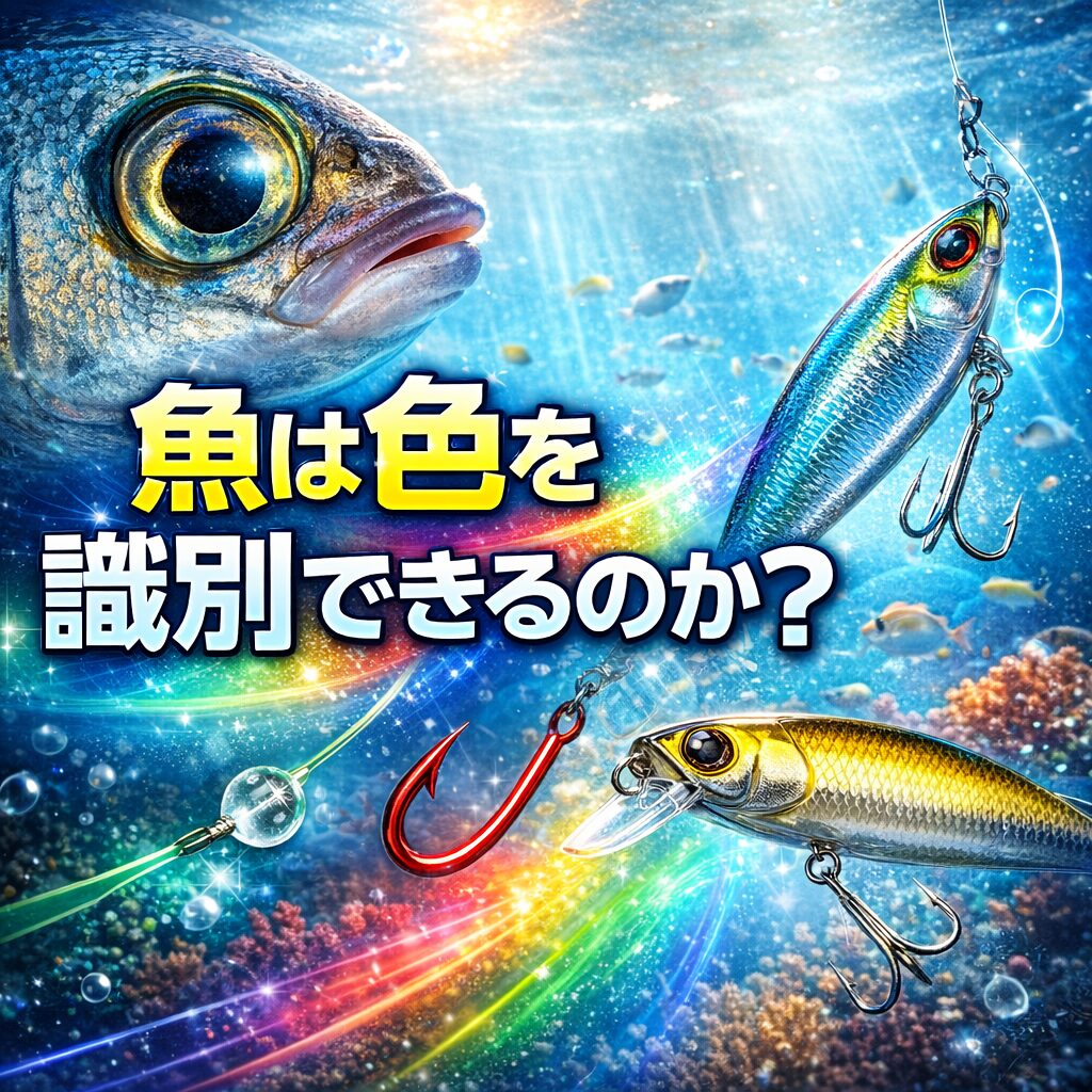 魚の視覚のポイント。多くの魚は色を識別できる 紫外線が見える種類もいる。水深や濁りで見え方が変わる。色より違和感の少なさが重要。ライン・針・ルアーの色は釣果に影響する。釣太郎