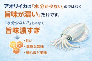 アオリイカは水分不足ではない・筋肉密度が高いだけ・旨味成分が多い ・水に当てると不味くなる。釣太郎