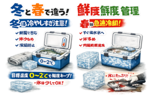 クーラーボックスの温度管理。冬は凍らせない管理。春は急速冷却。目標温度は0〜2℃。海水氷が最も鮮度を守る。釣太郎