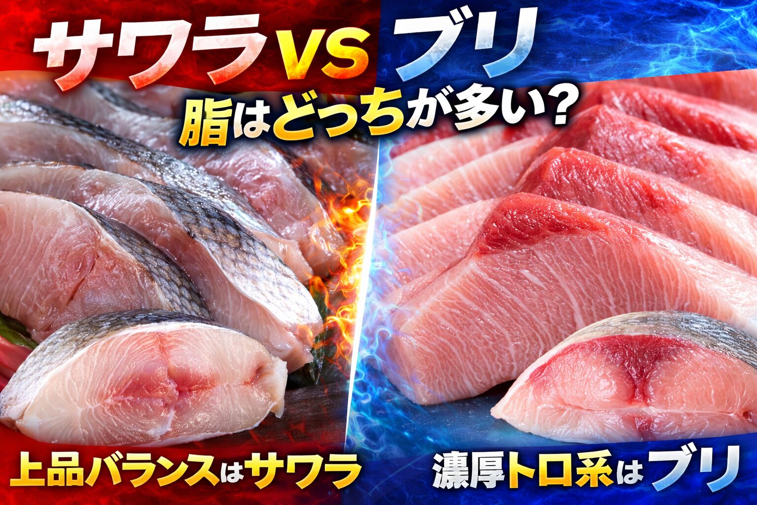 脂質量比較、最大脂量はブリ、平均的なバランスはサワラ。脂の重さ濃厚 → ブリ、上品 → サワラ 。栄養面。どちらもEPA・DHA豊富。料理適性。刺身濃厚系 → ブリ 焼き物・西京焼き → サワラ。釣太郎