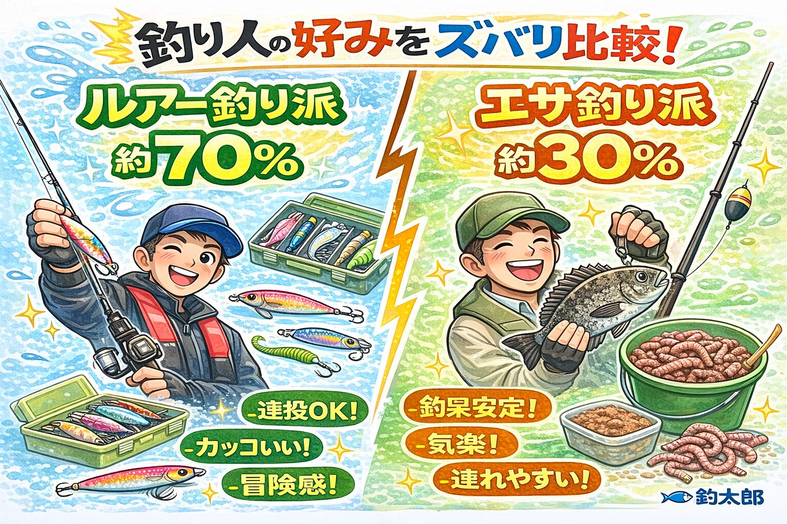 現在、全国の釣りファンの割合は、ルアー釣り派：約70%、エサ釣り派：約30%。釣太郎