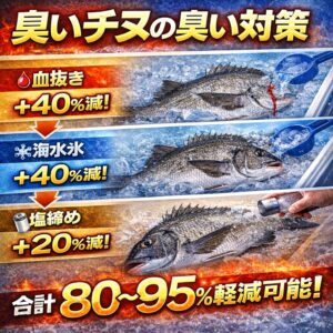 チヌの臭いは処理で劇的に変わります。血抜き → 約40％減。海水氷 → 約40％減。塩締め → 約20％減👉 合計80〜95％軽減可能。釣太郎