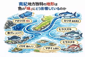 南紀の魚が旨い理由は ・黒潮だけではない。 ・急深・複雑な潮・荒れやすい磯。この地形が 魚を常に動かし、締め、鍛え続ける。釣太郎