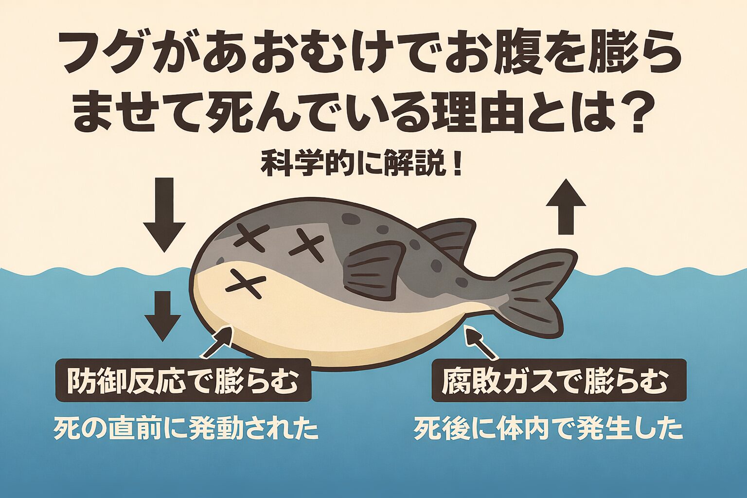 フグがあおむけでお腹を膨らませて死んでいるのは、防御反応の名残。死後のガス発生。体の構造による重心の偏り。といった複数の要因が重なった結果.釣太郎