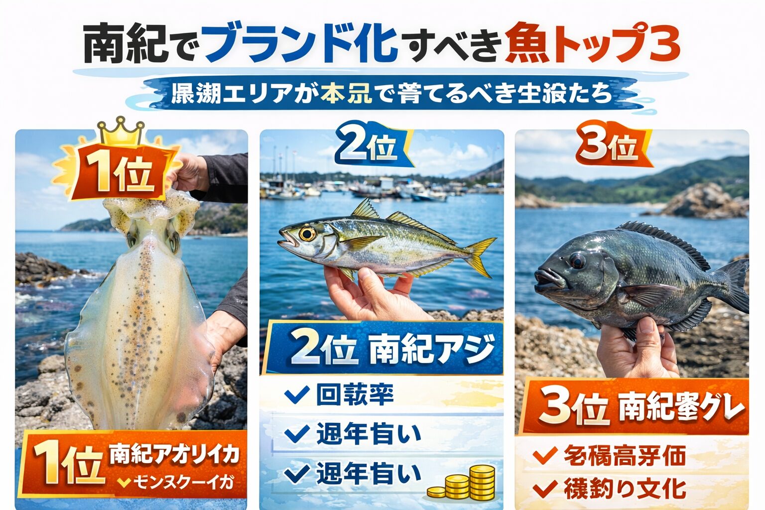 南紀でブランド化すべき魚トップ3は1位 南紀アオリイカ2位 南紀アジ 3位 南紀寒グレ。安定を取るか。夢を取るか。文化を育てるか。釣太郎