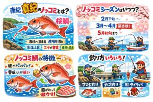 南紀地方の真鯛ののっこみは、・時期：3月〜4月が最盛期・理由：黒潮＋水温＋地形・特徴：大型・高活性・超美味・釣法：フカセ・カゴ・船すべて有効。 全国的に見ても、南紀の春マダイはトップクラス。釣太郎