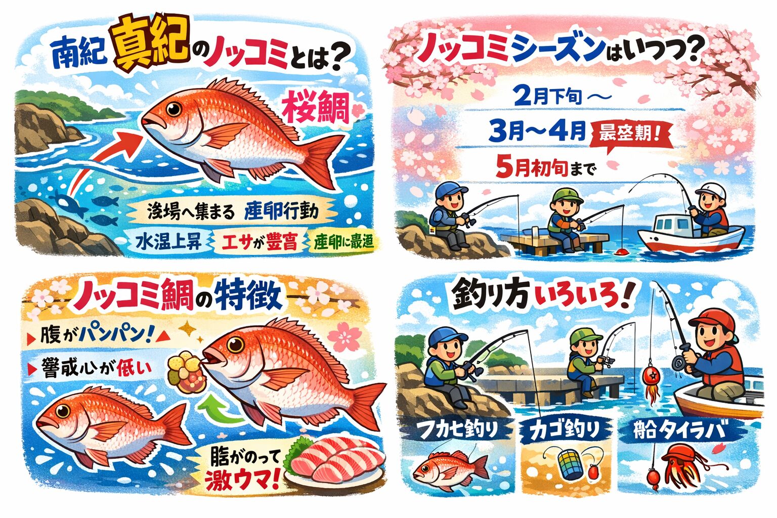 南紀地方の真鯛ののっこみは、・時期：3月〜4月が最盛期・理由：黒潮＋水温＋地形・特徴：大型・高活性・超美味・釣法：フカセ・カゴ・船すべて有効。 全国的に見ても、南紀の春マダイはトップクラス。釣太郎