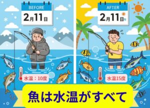 海の状況は刻一刻と変化しています。カレンダーを信じすぎず、水温計と向き合って、最高の1匹を狙いに行きましょう。釣太郎