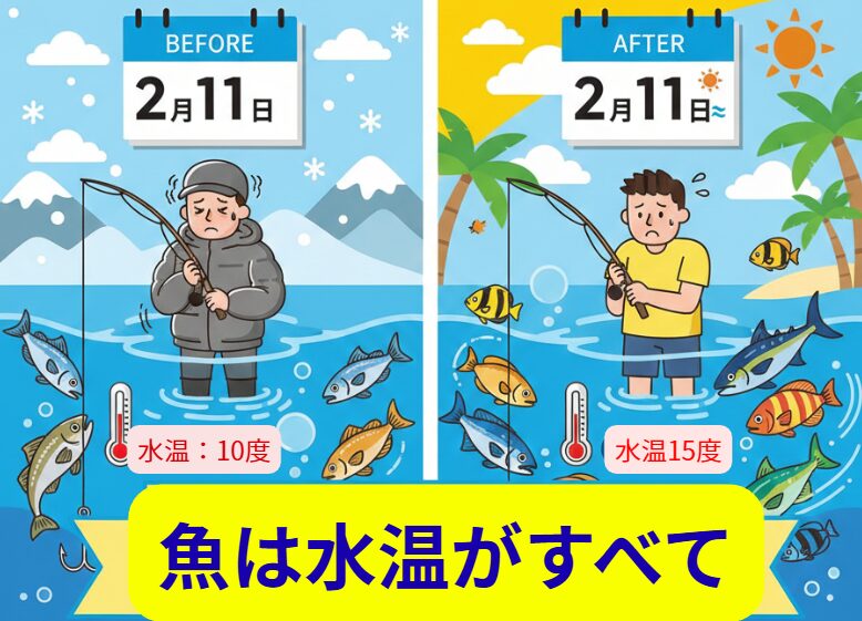 海の状況は刻一刻と変化しています。カレンダーを信じすぎず、水温計と向き合って、最高の1匹を狙いに行きましょう。釣太郎