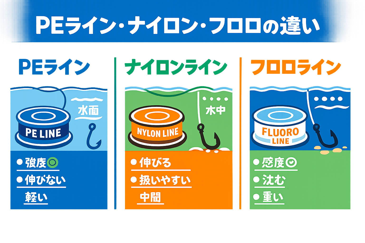 ライン使い分け。遠投・感度・飛距離重視 → PEメイン＋フロロリーダー トラブル少なくコスパ重視・近距離 → ナイロン一択 。根ズレ・底取り重視・リーダー → フロロ最強。釣太郎