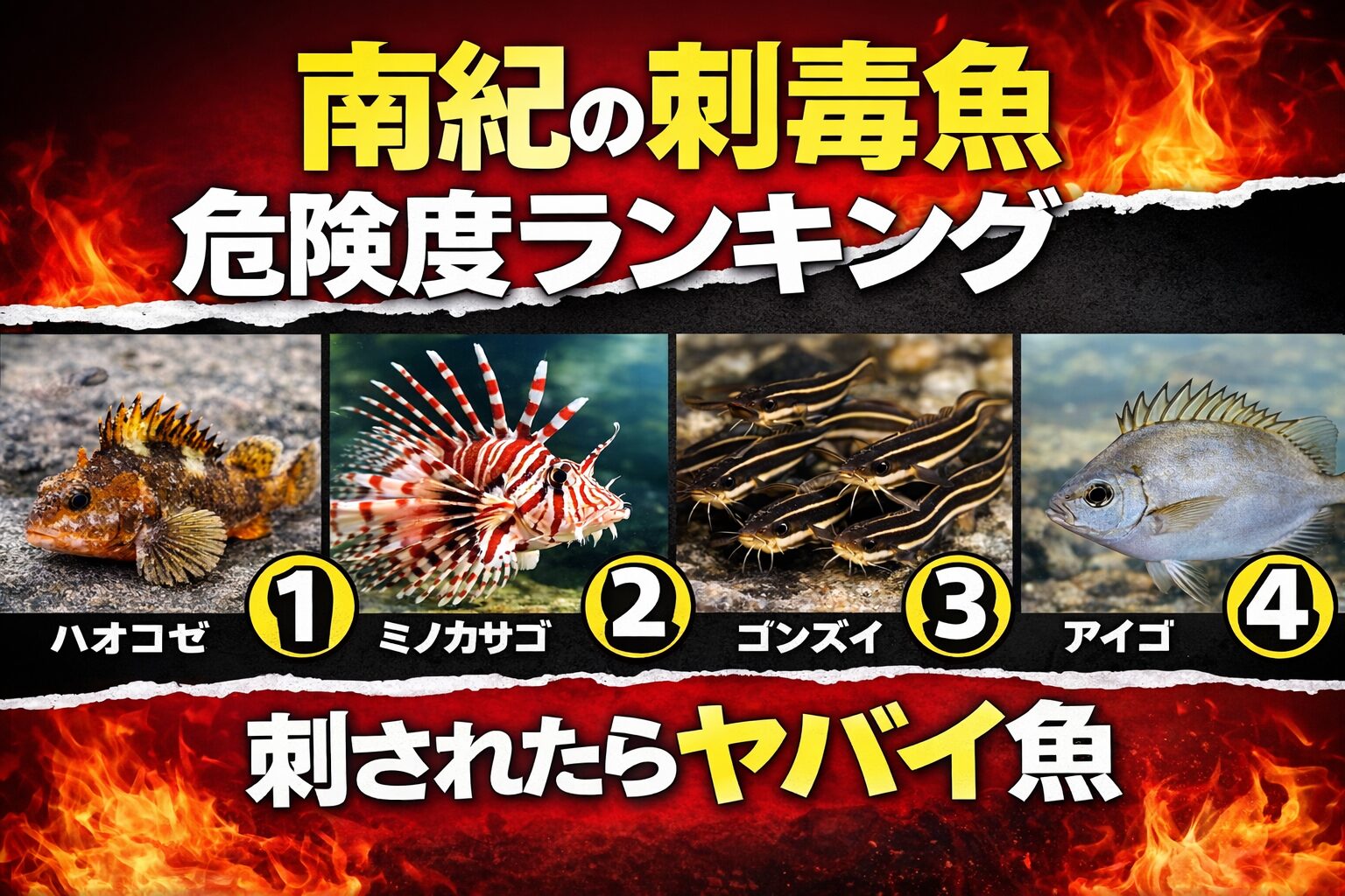 南紀の刺毒魚の危険度。 1位 ハオコゼ2位 ミノカサゴ3位 ゴンズイ4位 アイゴ5位 オニオコゼ。釣太郎