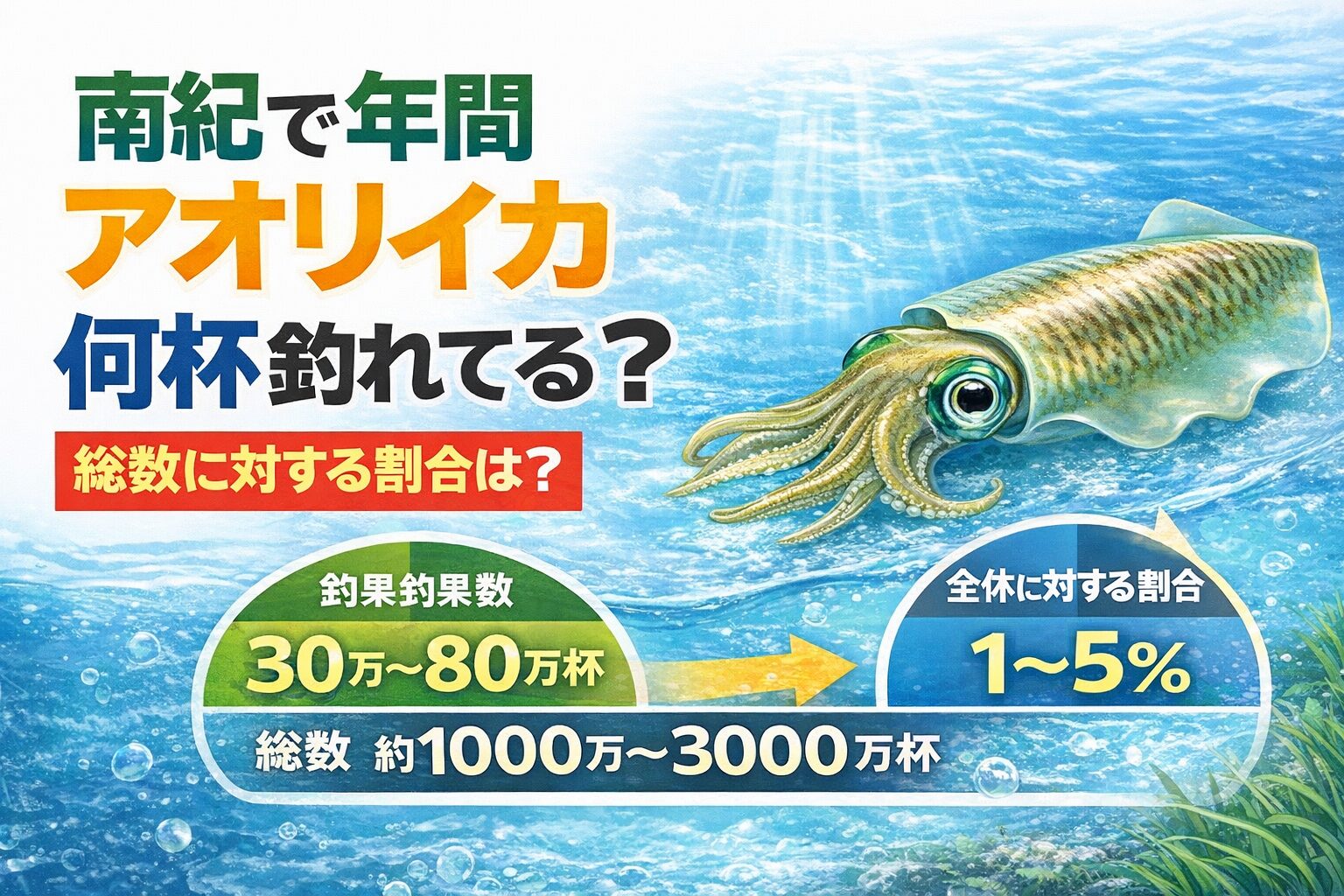 南紀のアオリイカ資源（AI推定）・年間釣獲数 → 30万〜80万杯・海にいる総数 → 1000万〜3000万杯・釣られる割合 → 1〜5％・居着き20〜30％ / 回遊70〜80％。釣太郎