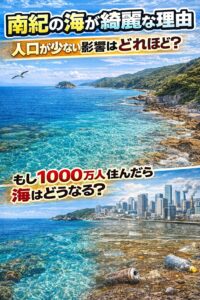南紀の海がきれいな理由は・人口が少ない（超重要）・黒潮・地形・森林 ・工業が少ない。仮に1000万人住めば・海は濁る・魚種は変わる・自然磯は消える。現在の南紀の海は成立しません。釣太郎