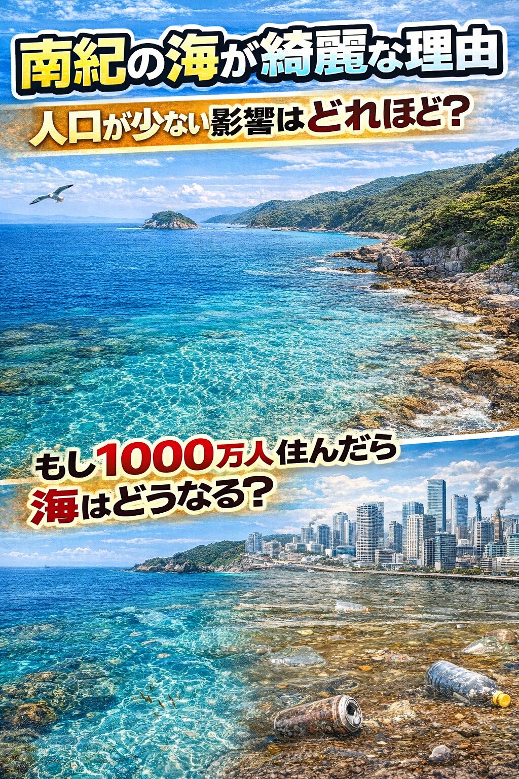 南紀の海がきれいな理由は・人口が少ない（超重要）・黒潮・地形・森林 ・工業が少ない。仮に1000万人住めば・海は濁る・魚種は変わる・自然磯は消える。現在の南紀の海は成立しません。釣太郎