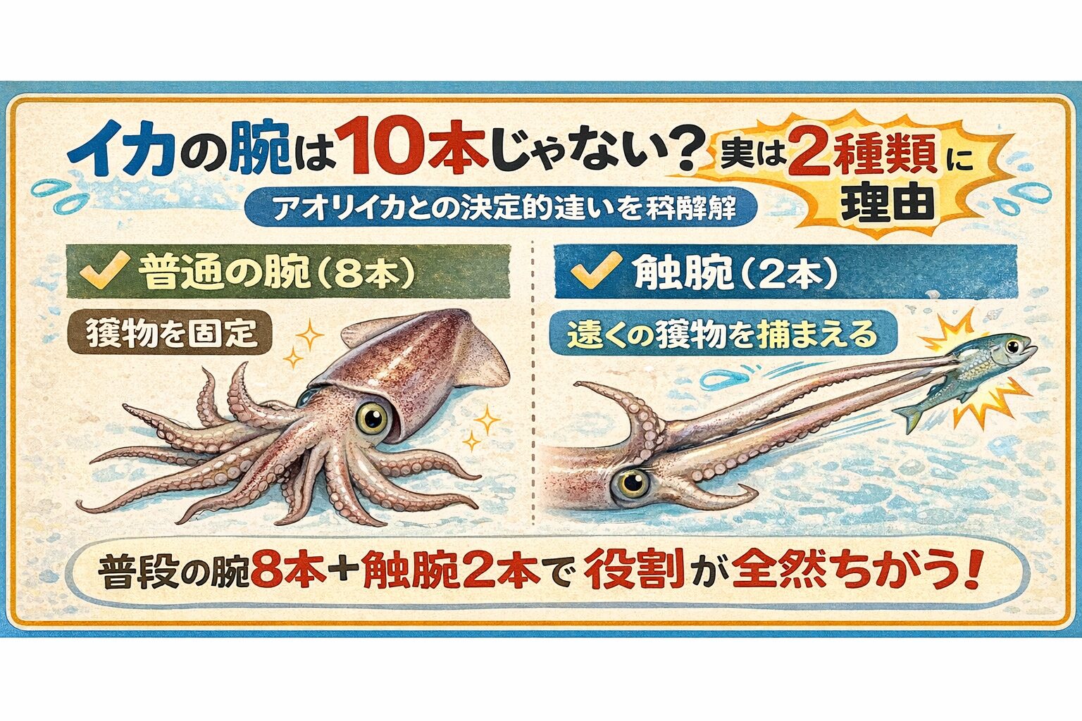 イカの腕は2種類✔ 普通の腕8本＋触腕2本 ✔ 捕獲と固定の分業 ✔ 狩り特化構造。つまり、👉 イカは超合理的な生き物.釣太郎