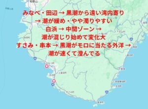 南紀の釣り。みなべ・田辺 → 黒潮から遠い湾内寄り → 潮が緩め・やや濁りやすい 。白浜 → 中間ゾーン → 潮が混じり始めて変化大 。すさみ・串本 → 黒潮がモロに当たる外洋 → 潮が速くて澄んでる。釣太郎