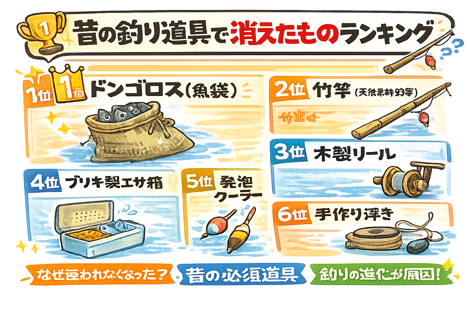 昔の釣り道具は技術進化により姿を消しました。現在の釣りは軽さ・性能・鮮度重視の時代です。釣太郎