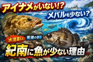 南紀にはアイナメがいない理由・冷水魚 → 紀南は暖かすぎ・黒潮直撃 ・北方型藻場がない。メバルが少ない理由・内湾が少ない・外洋環境が強い・水温が高め。釣太郎