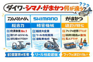 釣具三大メーカーはダイワ＝総合力。シマノ＝機械性能。がまかつ＝職人技。この違いを知ると釣具選びが変わります。釣太郎