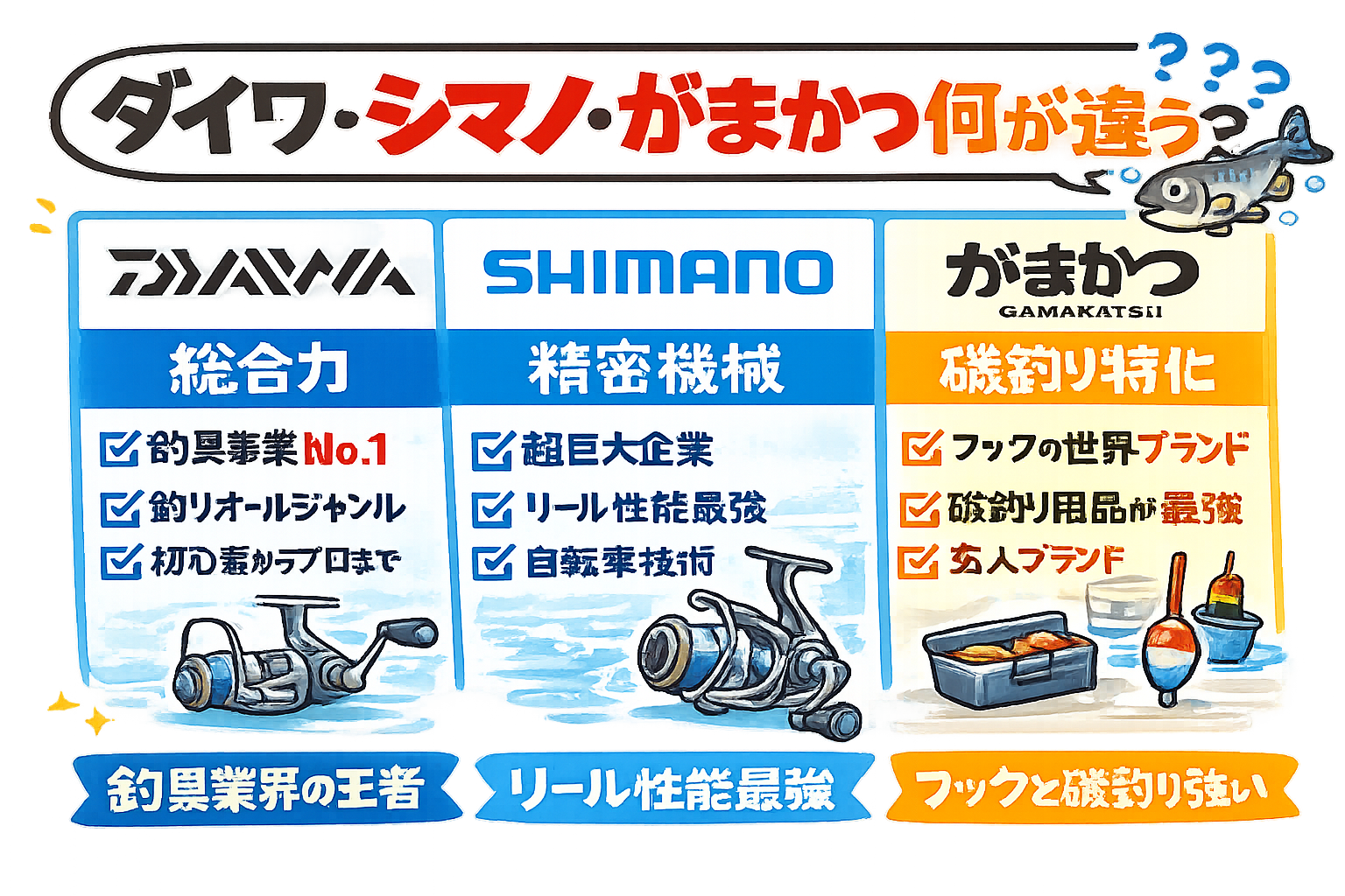 釣具三大メーカーはダイワ＝総合力。シマノ＝機械性能。がまかつ＝職人技。この違いを知ると釣具選びが変わります。釣太郎