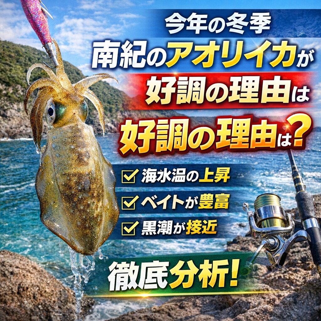 今年の冬の南紀アオリイカ好調の理由。黒潮で高水温維持・ベイト豊富 ・秋の生存率向上・ドン深地形・海洋環境変化 。環境が奇跡的に揃った年と考えるのが最も自然。釣太郎