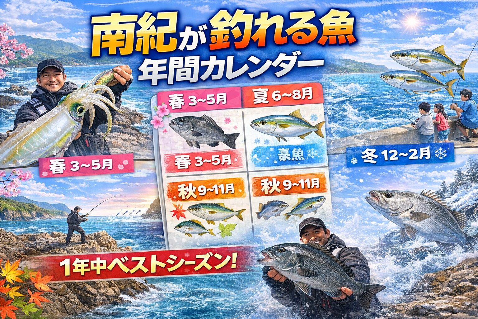 南紀釣りのベスト時期まとめ。初心者 → 秋、大型狙い → 春、数釣り → 夏、食味重視 → 冬。目的によって時期を選べます。釣太郎
