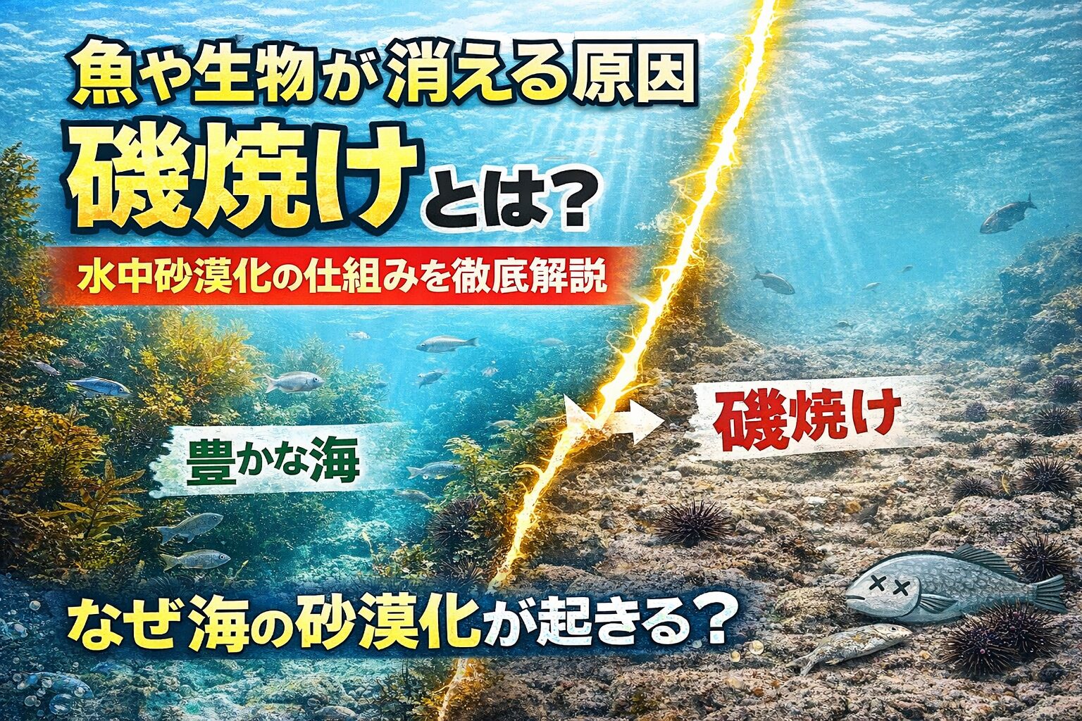 磯焼けは・水温上昇 ・ウニ食害・栄養不足 ・環境変化が重なって起きます。そして海藻消失 → 小魚減少→ 魚激減。釣太郎