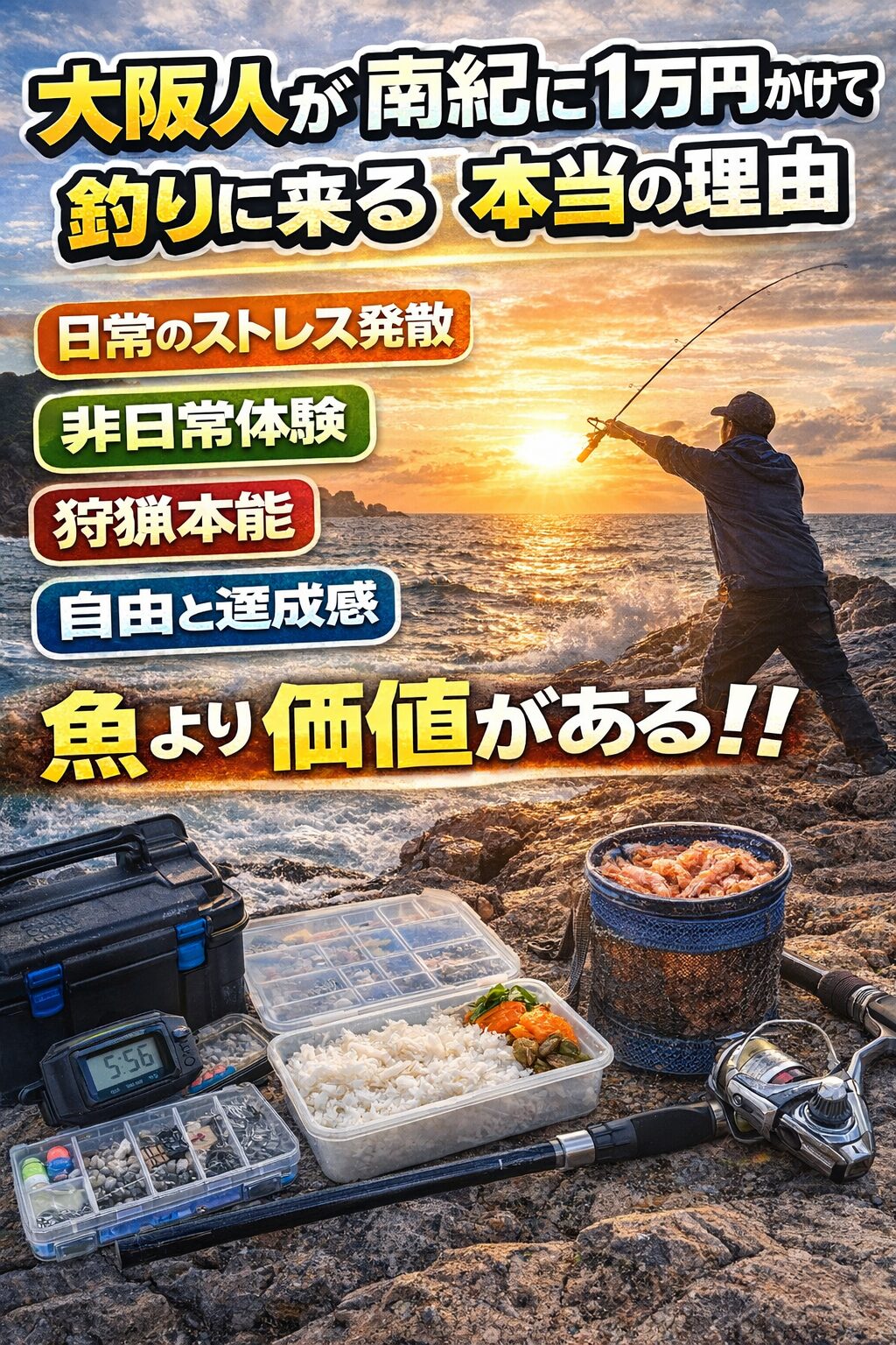 大阪から南紀へ釣りに来る理由は・ストレス回復 ・狩猟本能・自由・非日常体験。魚の値段とは無関係。釣りは生きている実感を取り戻す行為。釣太郎