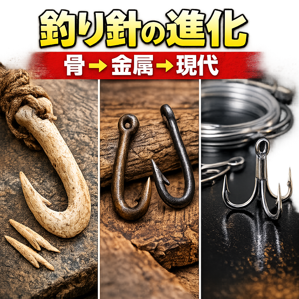 釣り針の進化。骨・トゲ → 棒型針、曲げ加工 → J字型針、青銅・銅 → 金属針、鉄 → 現代形状完成、高炭素鋼 → 超高性能化.釣太郎