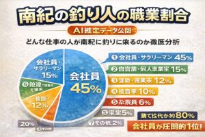 南紀の釣り人職業割合。 ・会社員が約半数・働く世代が中心・遠征型レジャー。釣りは社会人の大型趣味です。釣太郎