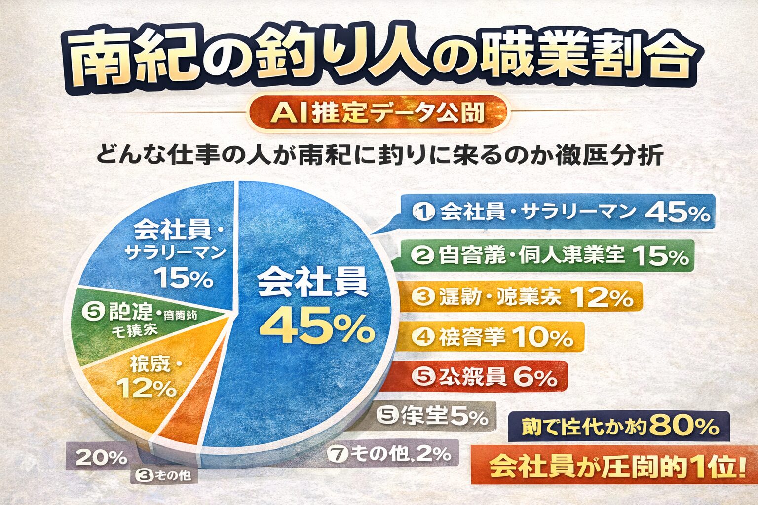 南紀の釣り人職業割合。 ・会社員が約半数・働く世代が中心・遠征型レジャー。釣りは社会人の大型趣味です。釣太郎