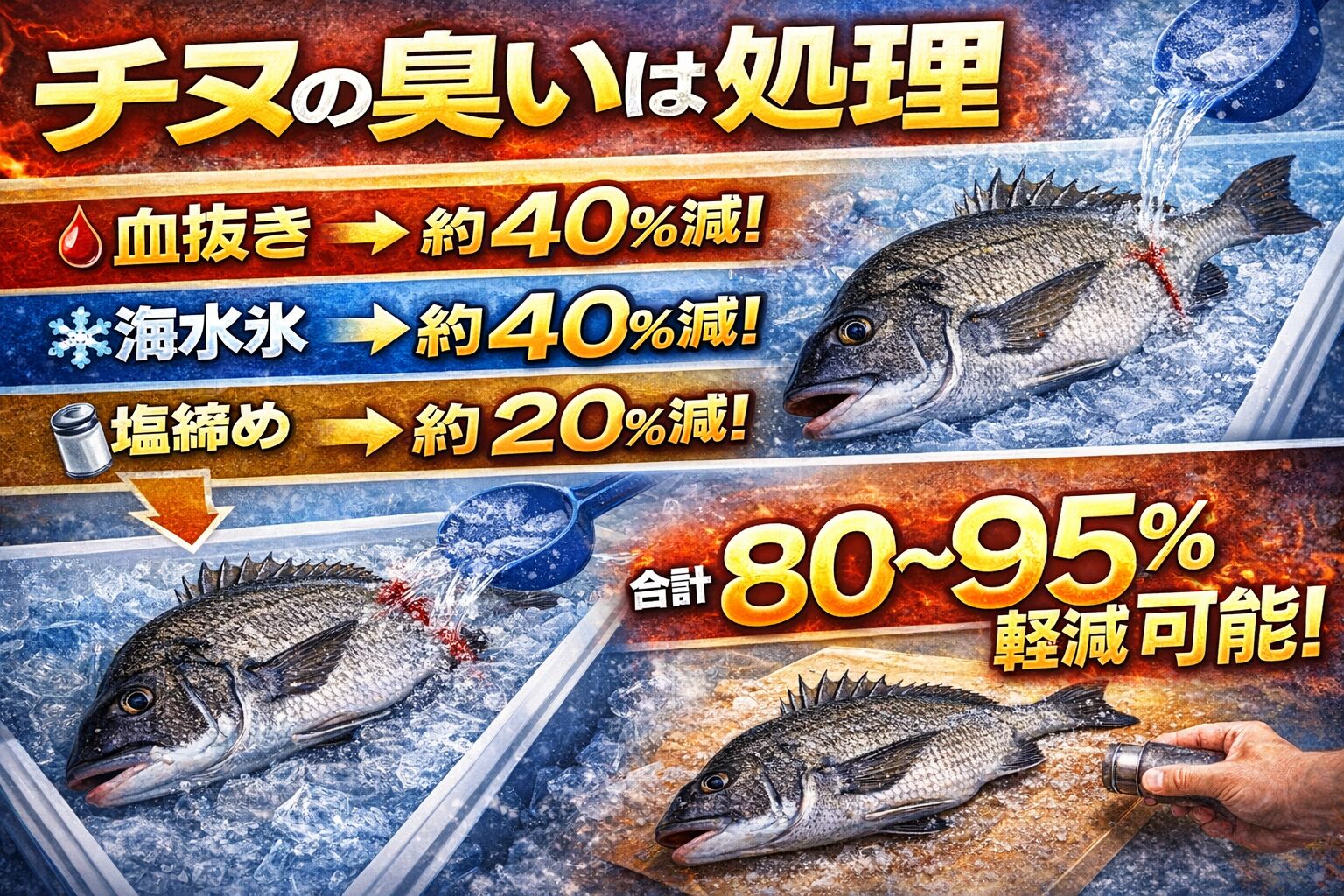 チヌの臭い対策。血抜き → 約40％減。海水氷 → 約40％減。塩締め → 約20％減。 合計80〜95％軽減可能。釣太郎