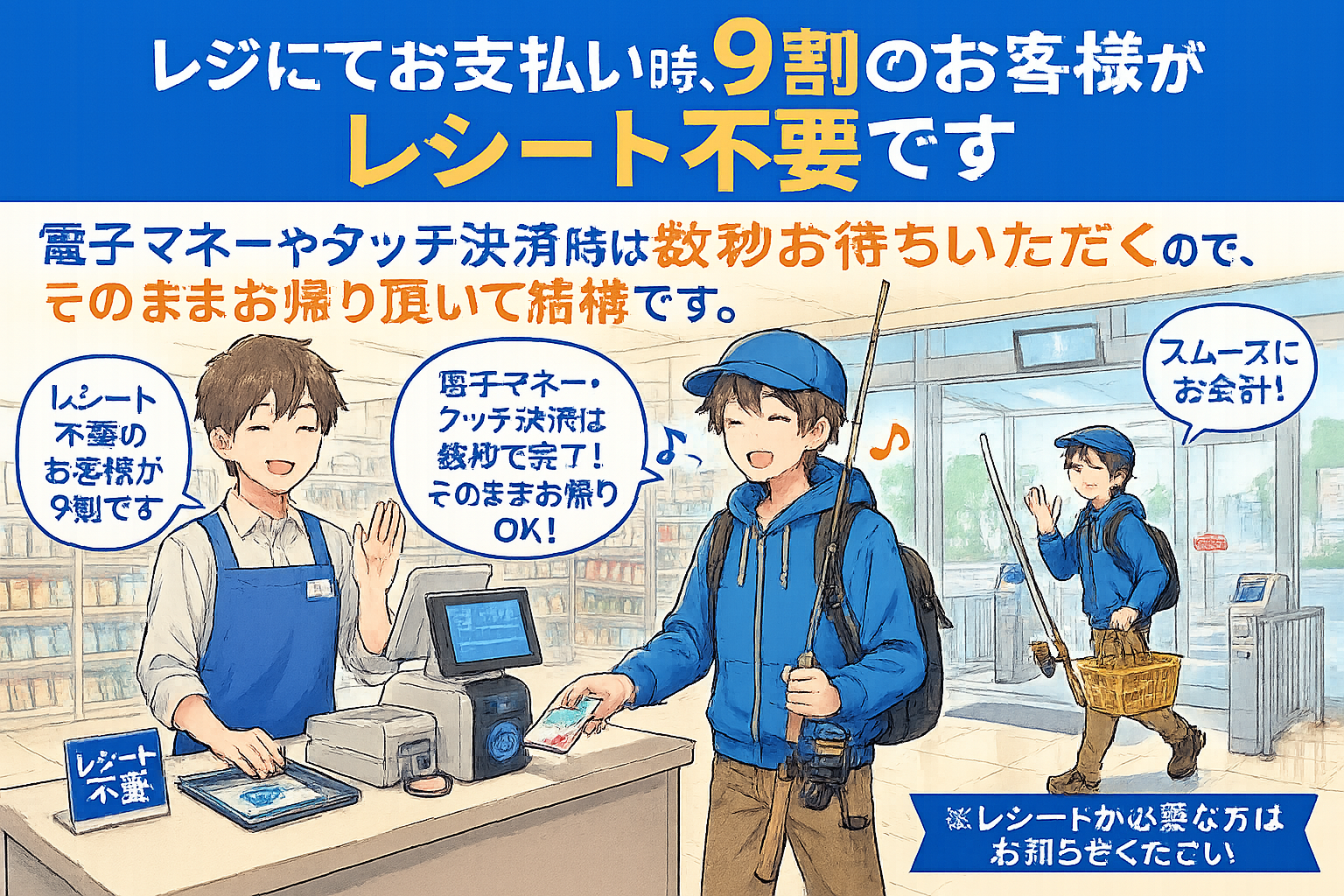 レジにてレシート不要時は、そのままお帰り頂けます。数秒早く釣りに行けます。釣太郎