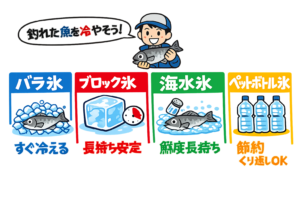 氷にはそれぞれ役割があります。バラ氷 → すぐ冷える。ブロック氷 → 長時間維持。海水氷 → 魚の味最強。ペットボトル氷 → 節約用。保冷剤 → 補助用。釣り入門。釣太郎