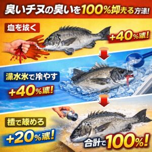 臭いチヌを美味しく食べるための方程式はシンプル。血を抜く（４０％減）海水氷で冷やす（４０％減）塩で締める（２０％減）釣太郎