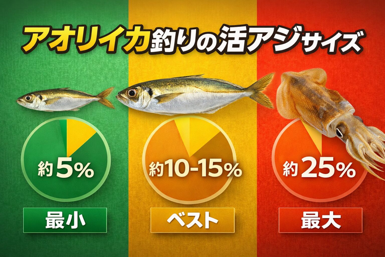 アオリイカの活アジサイズは割合・最小：約5％ ・最適：約10〜15％・最大：約25％。つまり1kg前後のアオリイカなら 9〜13cmの活アジが最も効果的.釣太郎