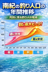 南紀の釣り人口は春アオリイカ → 急増。夏観光 → 安定。秋イカ青物 → 最大。冬 → コア層。という年間サイクルです。釣太郎