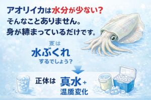アオリイカは水分が少ないわけではない・筋肉が強く、締まっているだけ・真水と温度変化で水ぶくれする。釣太郎