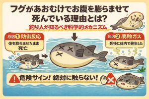 フグがあおむけで膨らんで死ぬのは、防御反応のまま死亡。死後の腐敗ガス。浮力異常。が原因です。釣太郎