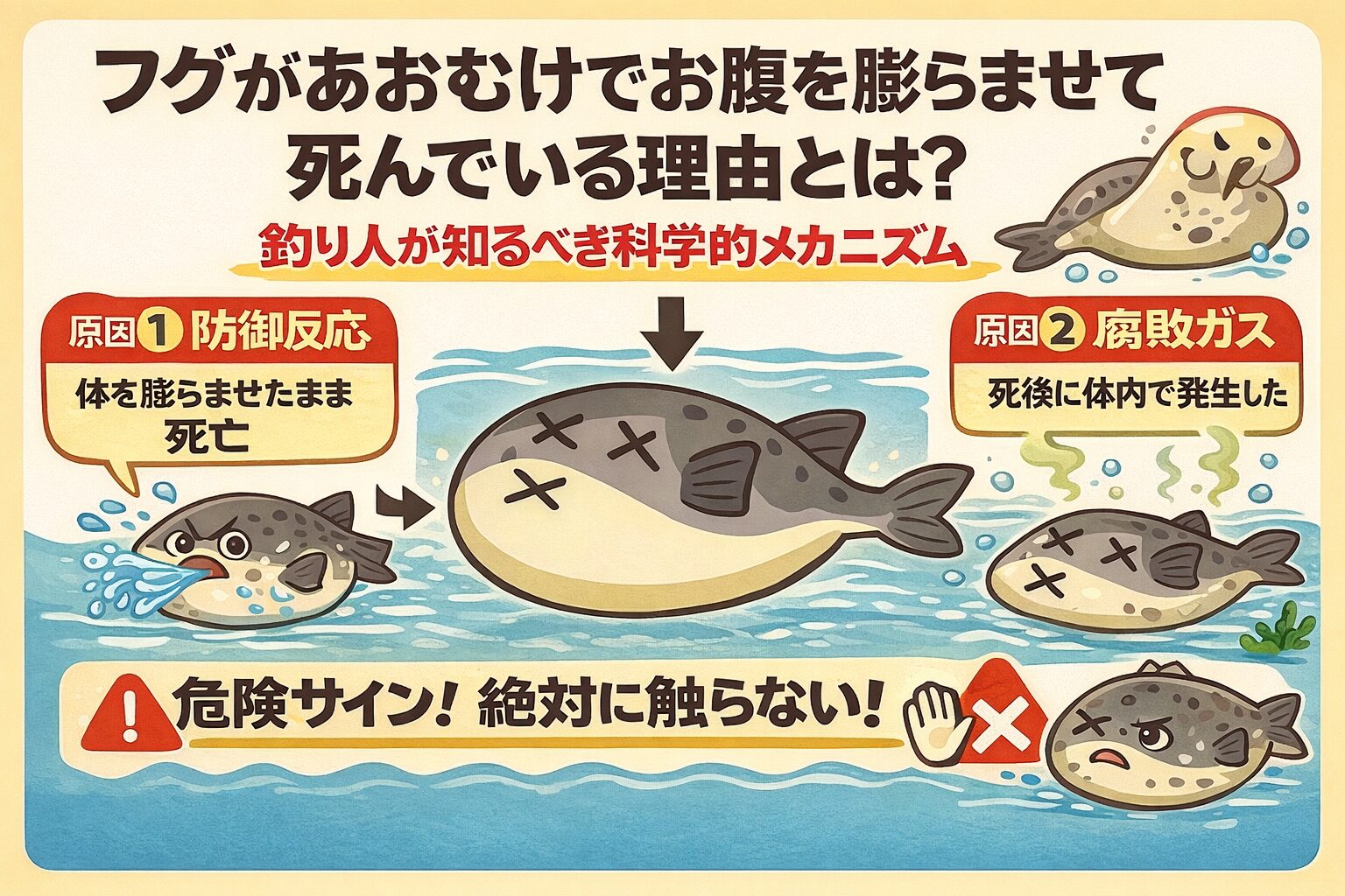 フグがあおむけで膨らんで死ぬのは、防御反応のまま死亡。死後の腐敗ガス。浮力異常。が原因です。釣太郎