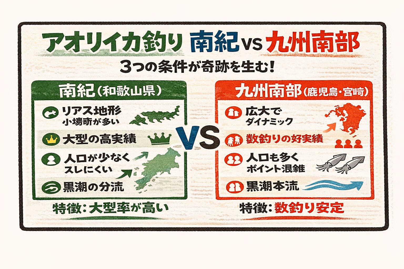 アオリイカ釣り、南紀の強み。リアス地形。黒潮分流。人口が少ない。大型率が高い。九州南部の強み。黒潮本流。水温安定。広大なフィールド。 回遊量が多い。釣太郎