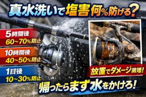 真水をかけるだけでも効果は大きいですが、時間との勝負です。釣行直後 → 約80〜90％防止。5時間後 → 約60〜70％。10時間後 → 約40〜50％。1日後 → 約10〜30％。釣太郎